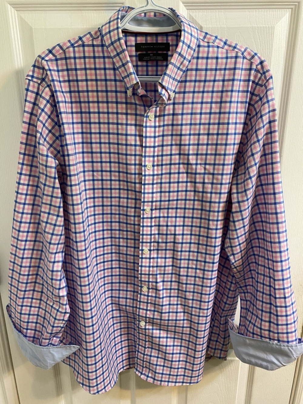 Tommy Hilfiger Button Down Shirt Men’s Large Pink Blue Plaid Classic Spring Slim